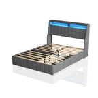 Full Size Bed Frame With LED, 4 Under-bed Portable Storage Drawers, Wings Headboard Design, Light Grey