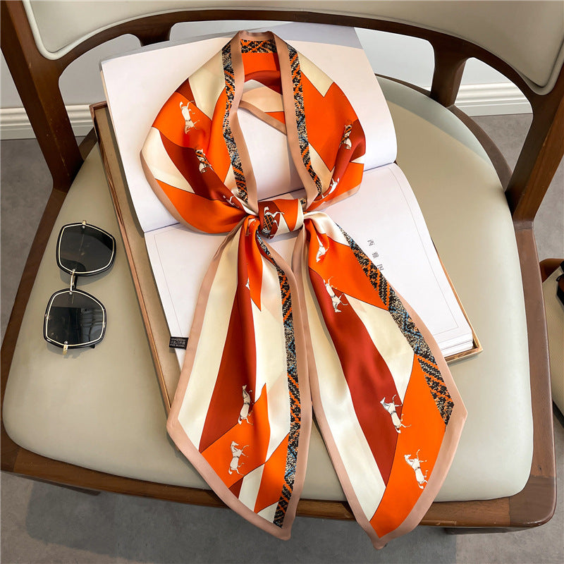 Thin Narrow Long Shirt Scarf Houndstooth Design Double Layer Imitated Silk Scarves Women's Hair Tie