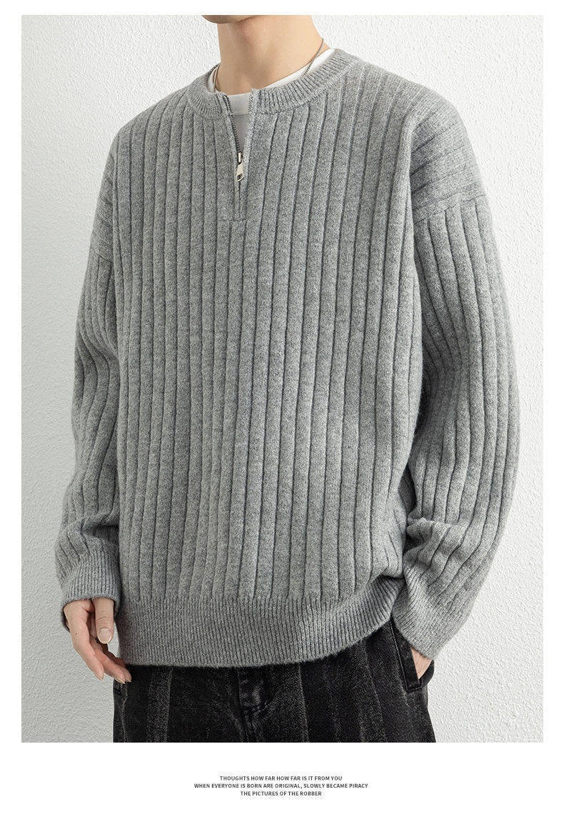 Half Zipper Loose Pullover Texture Knitted Sweater Men