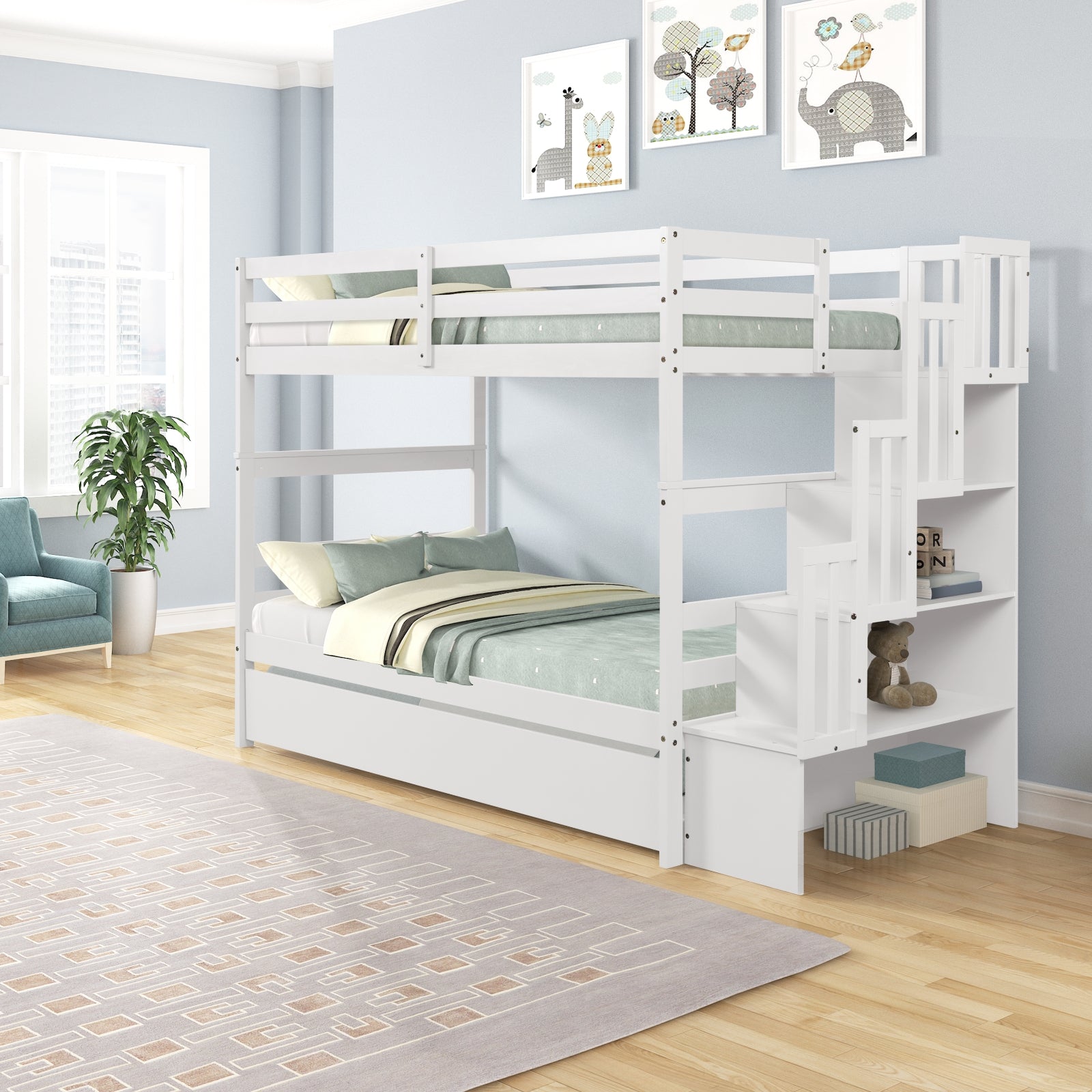 Twin Bunk Beds With Trundle & Stairway Storage In White