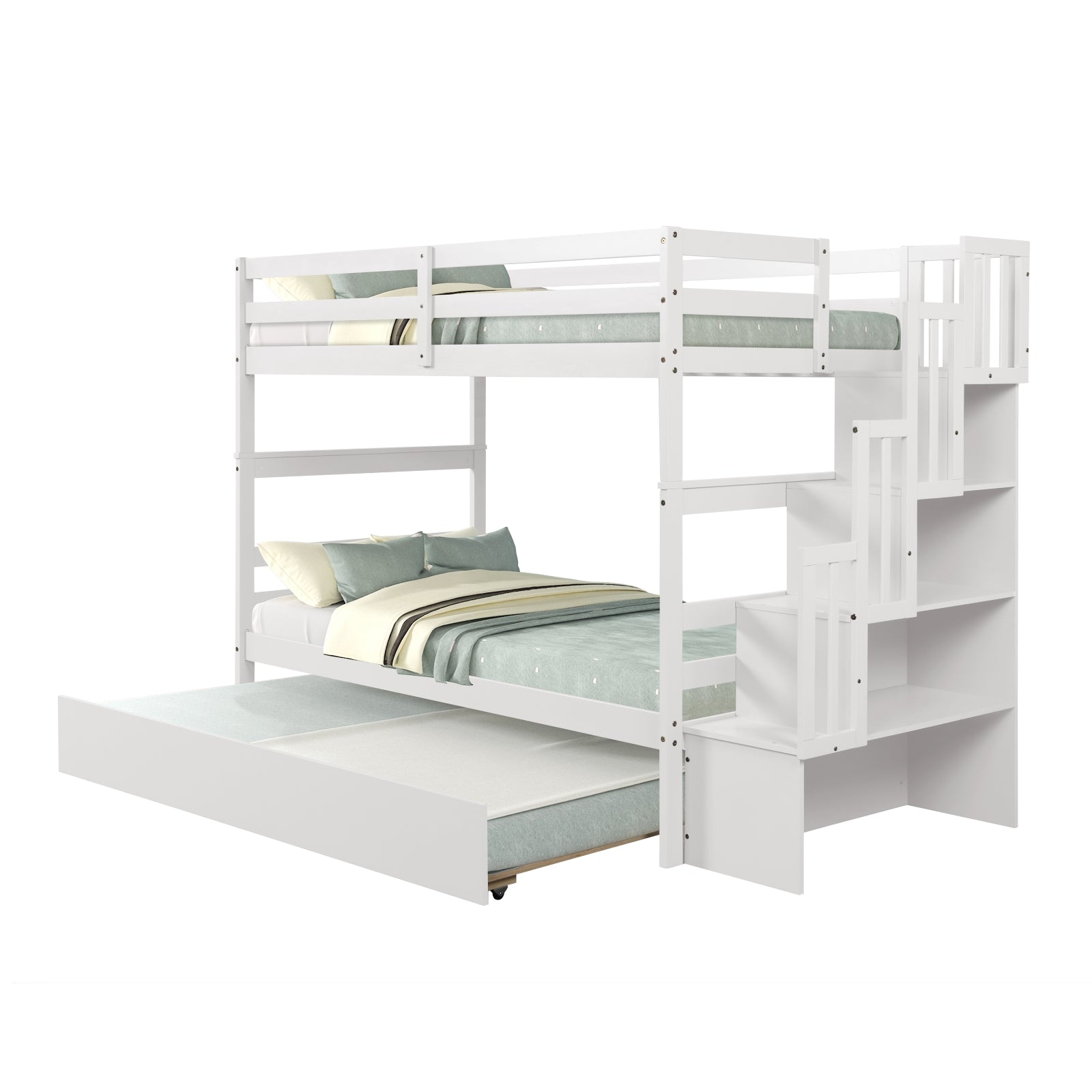Twin Bunk Beds With Trundle & Stairway Storage In White