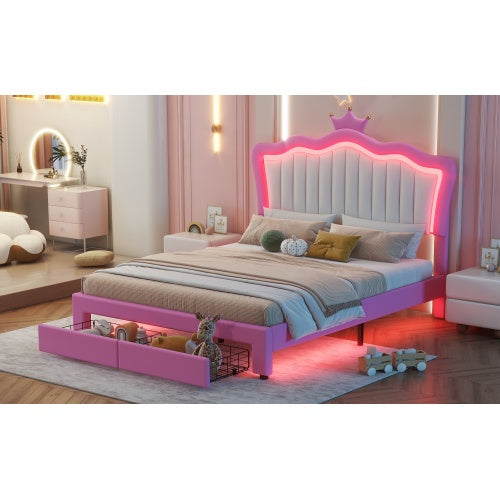 Full Size Upholstered Bed Frame With LED Lights, Modern Upholstered Princess Bed With Crown Headboard, 2 Drawers