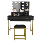 Black, Particleboard, Steel Frame, Two-drawer, Three-tier Shelf, Dressing Table Set, Three-tone Light, Light Luxury