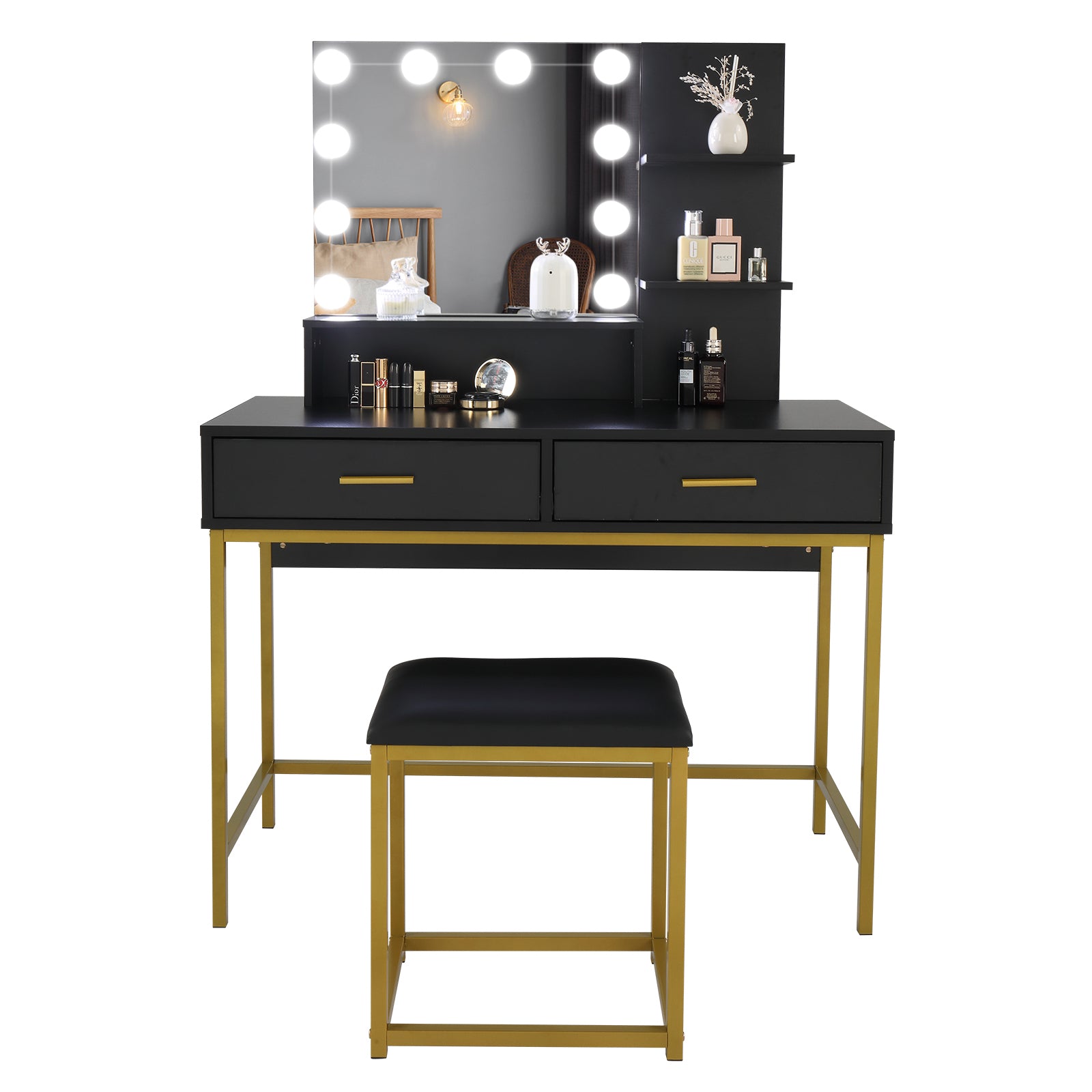 Black, Particleboard, Steel Frame, Two-drawer, Three-tier Shelf, Dressing Table Set, Three-tone Light, Light Luxury