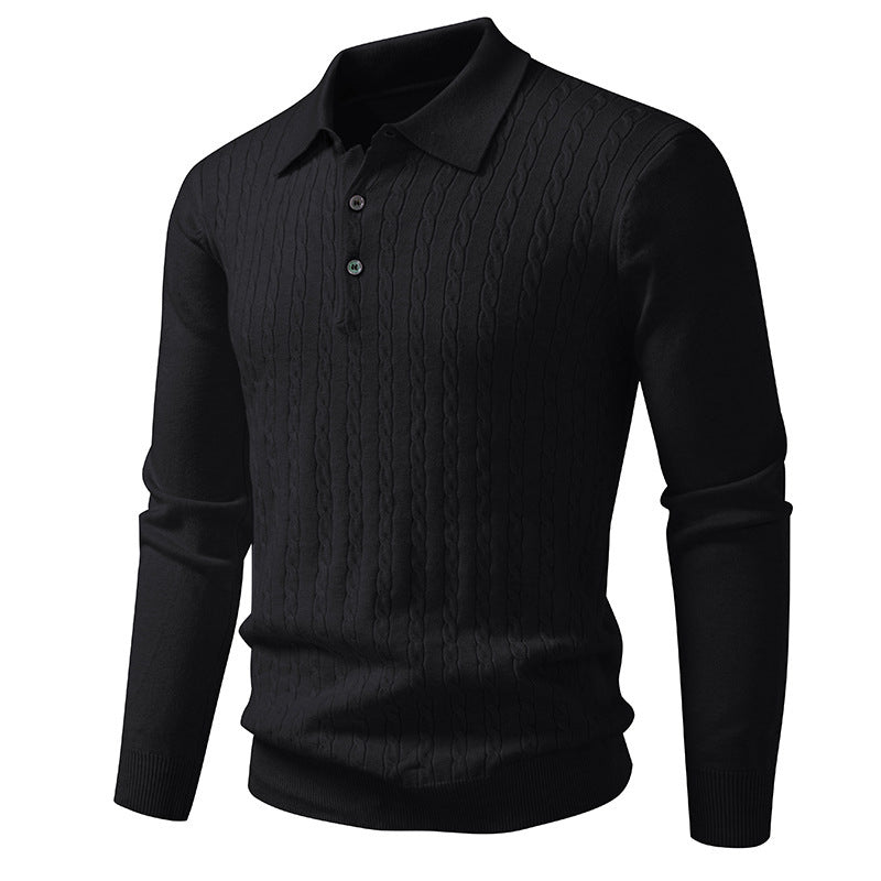 Twisted Flower Cardigan Solid Color Polo Collar Knitted Sweater Men