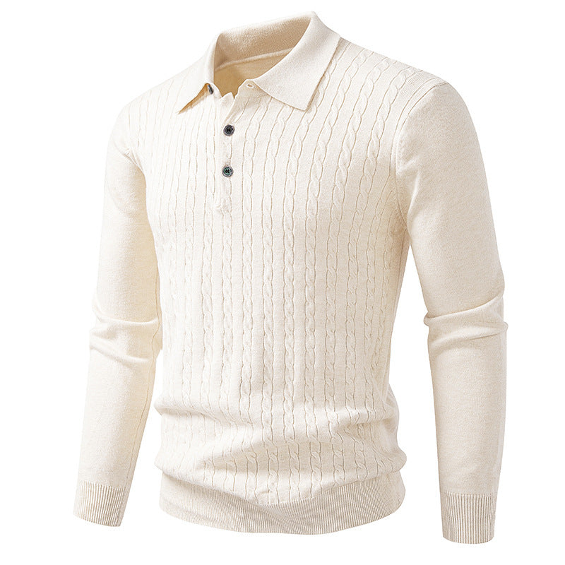 Twisted Flower Cardigan Solid Color Polo Collar Knitted Sweater Men