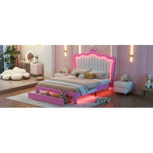 Full Size Upholstered Bed Frame With LED Lights, Modern Upholstered Princess Bed With Crown Headboard, 2 Drawers