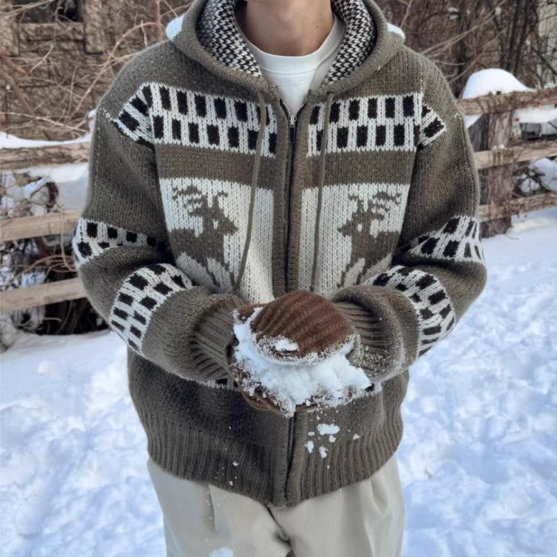 Jacquard Christmas Zipper Idle Style Cardigan Knitted Coat