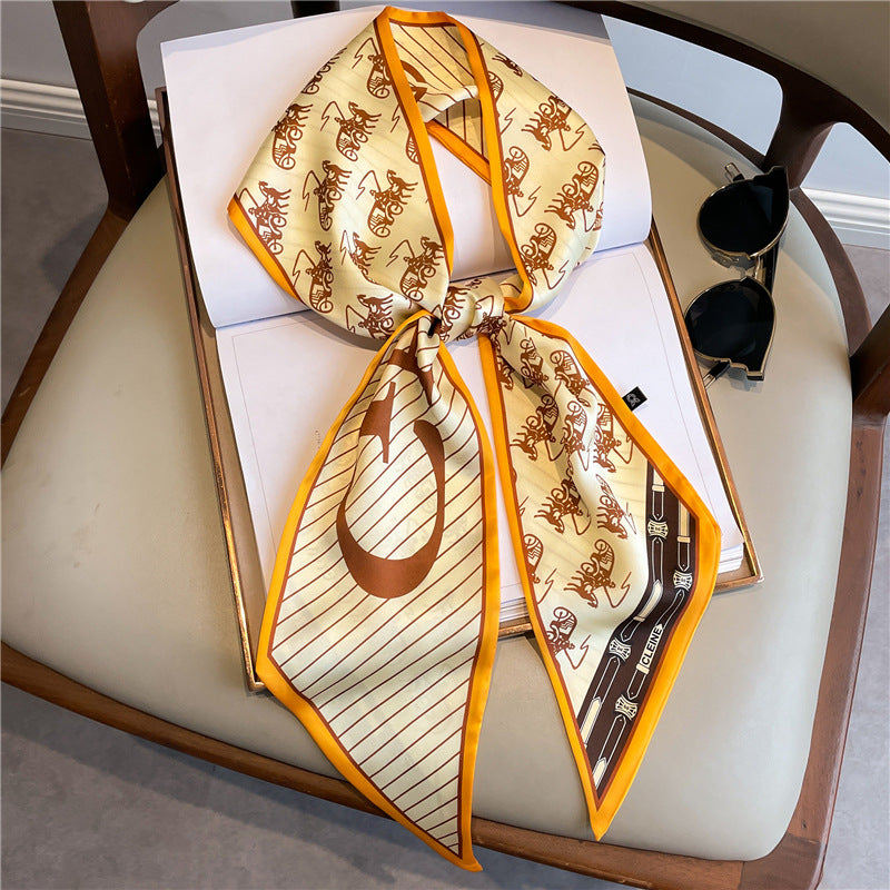 Thin Narrow Long Shirt Scarf Houndstooth Design Double Layer Imitated Silk Scarves Women's Hair Tie