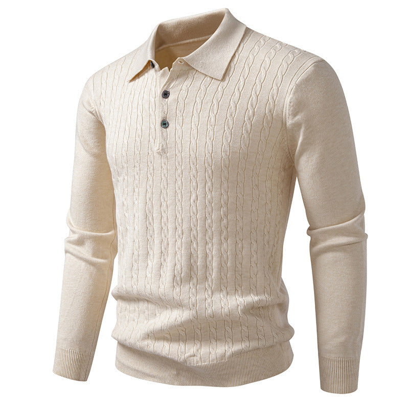 Twisted Flower Cardigan Solid Color Polo Collar Knitted Sweater Men