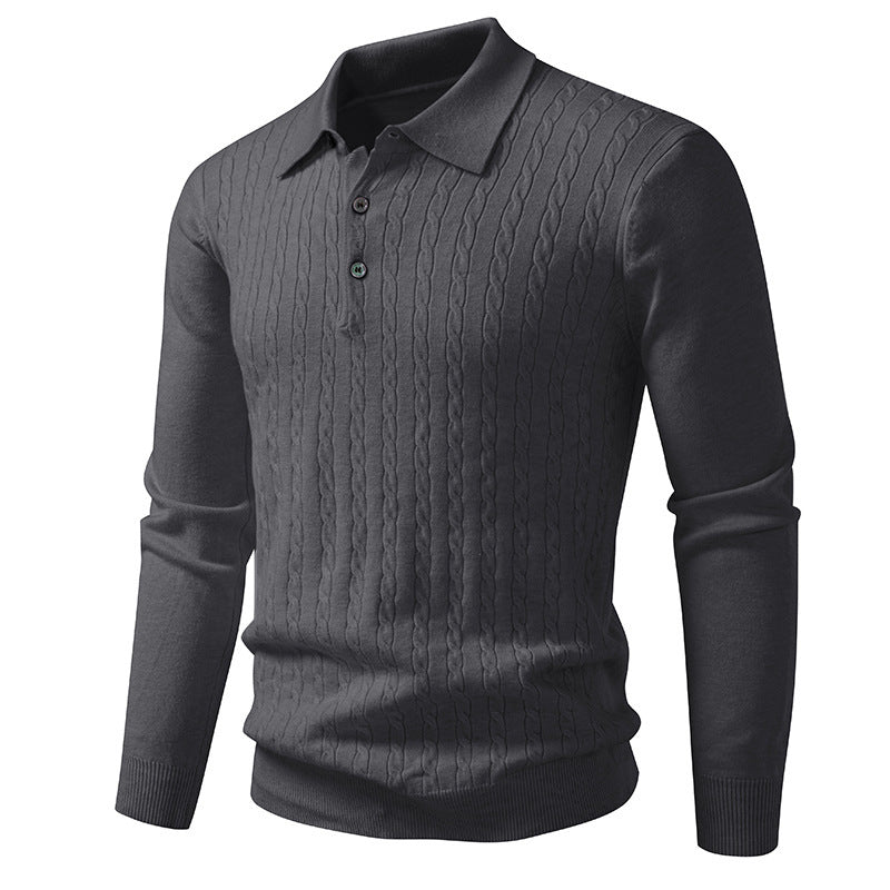 Twisted Flower Cardigan Solid Color Polo Collar Knitted Sweater Men