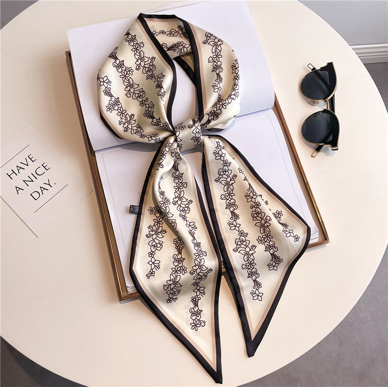 Thin Narrow Long Shirt Scarf Houndstooth Design Double Layer Imitated Silk Scarves Women's Hair Tie