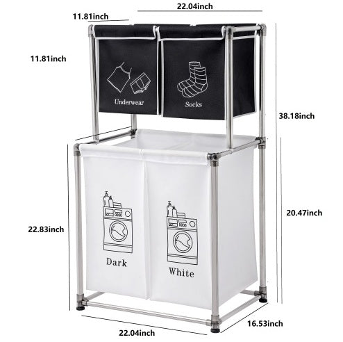 Laundry Hamper 2 Tier Laundry Sorter With 4 Removable Bags For Organizing Clothes, Laundry, Lights, Darks