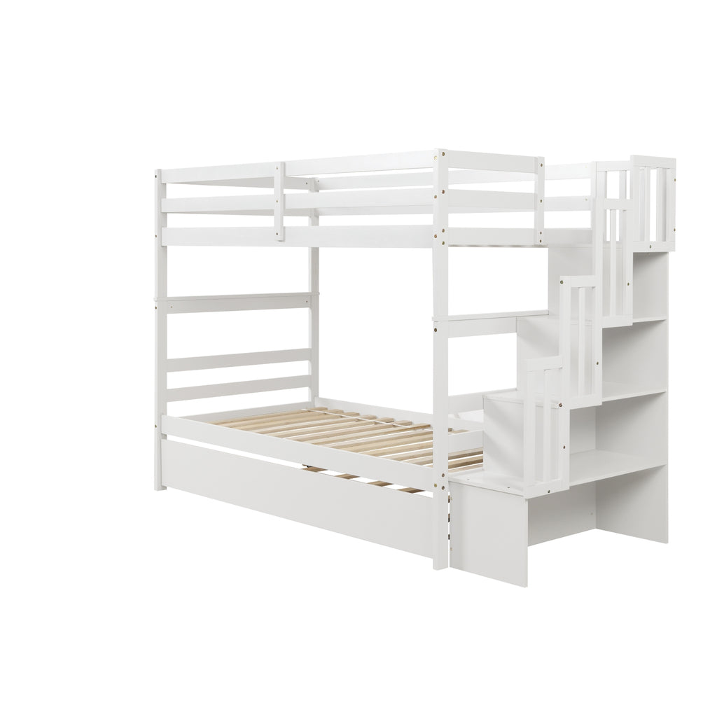 Twin Bunk Beds With Trundle & Stairway Storage In White