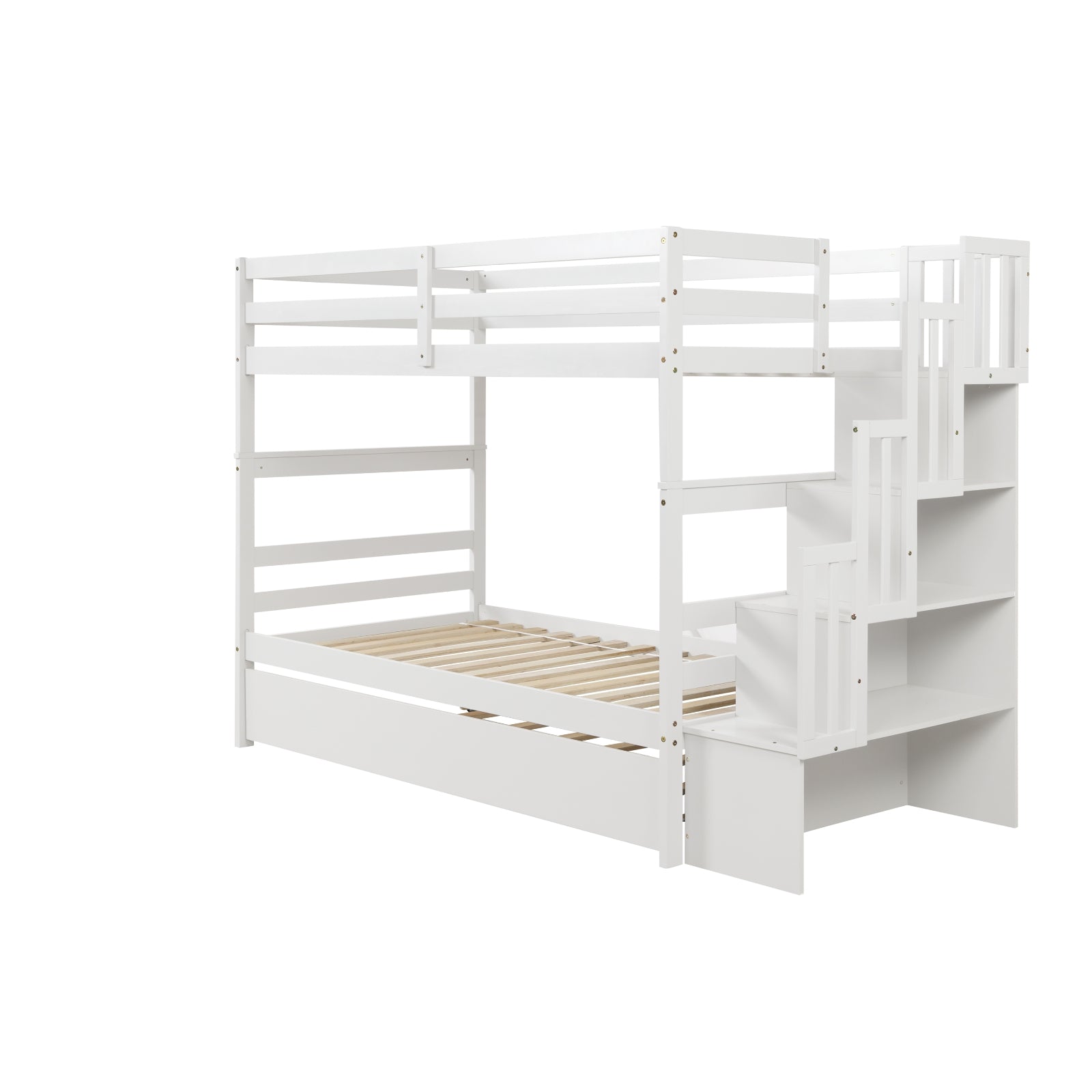 Twin Bunk Beds With Trundle & Stairway Storage In White