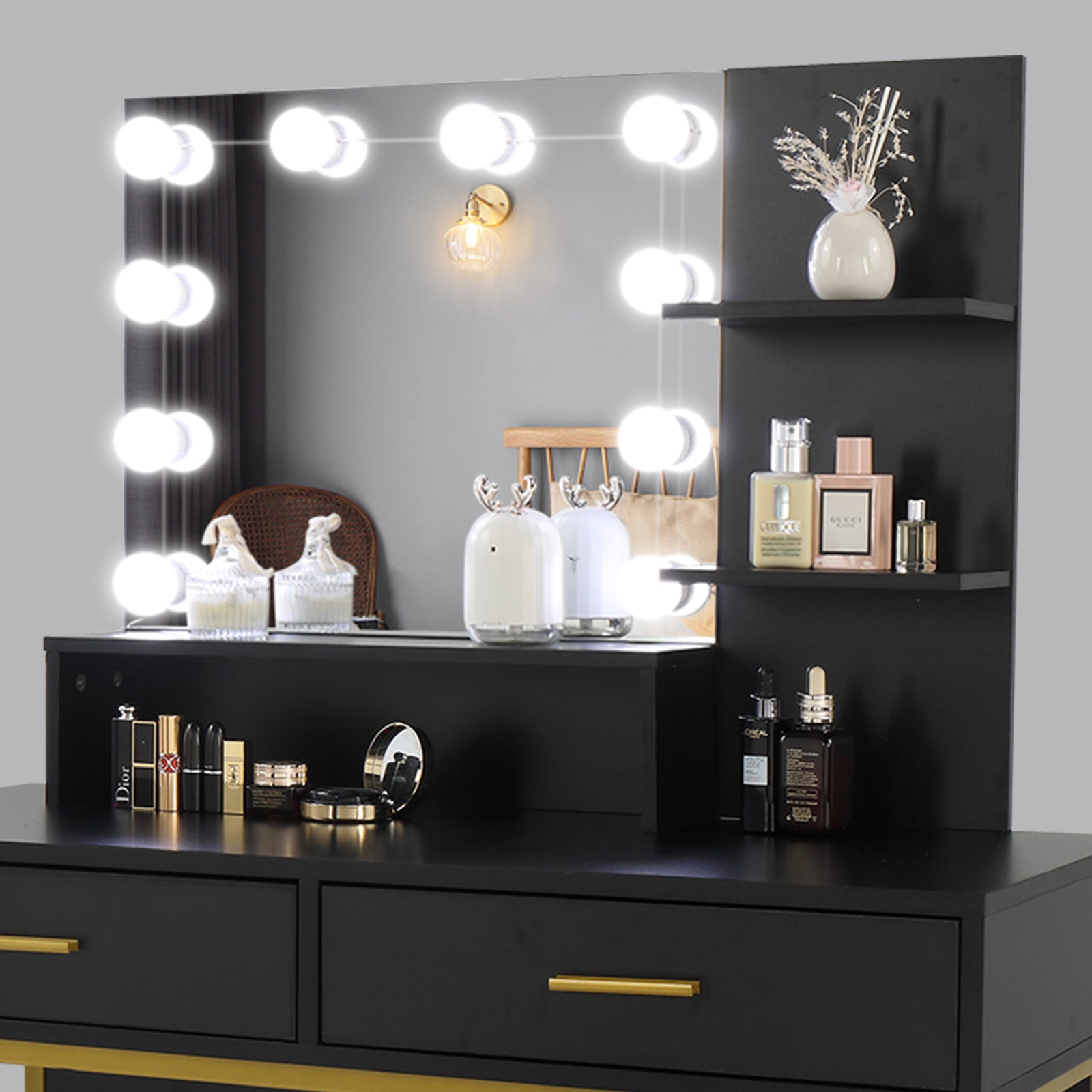 Black, Particleboard, Steel Frame, Two-drawer, Three-tier Shelf, Dressing Table Set, Three-tone Light, Light Luxury