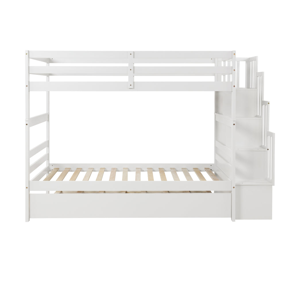 Twin Bunk Beds With Trundle & Stairway Storage In White