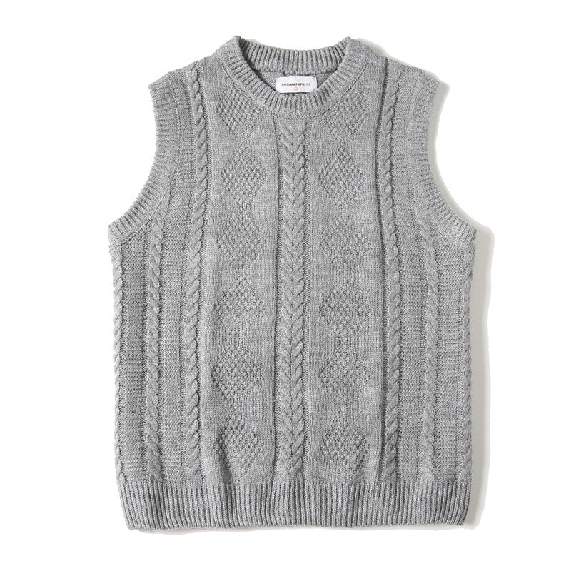 Jacquard Round Neck Knitted Loose Thickened Cable-knit Sweater Vest