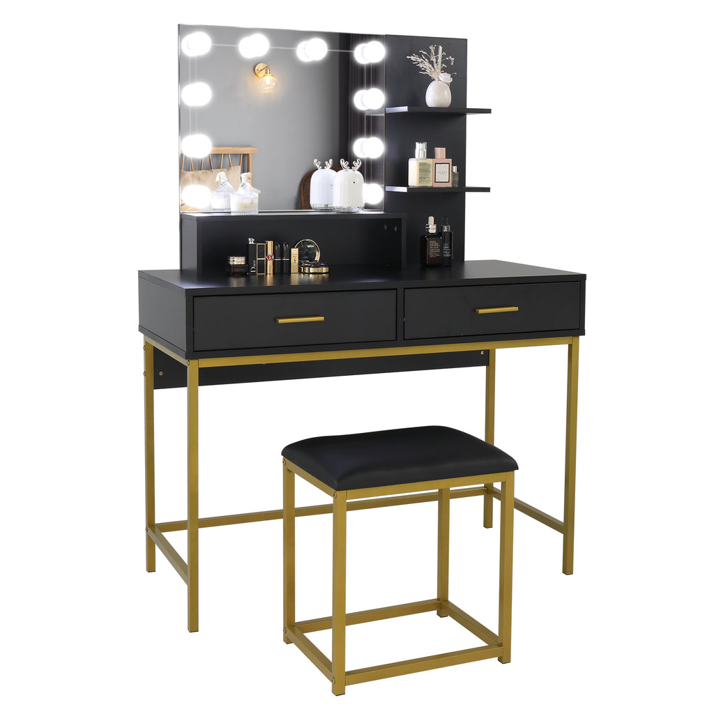 Black, Particleboard, Steel Frame, Two-drawer, Three-tier Shelf, Dressing Table Set, Three-tone Light, Light Luxury