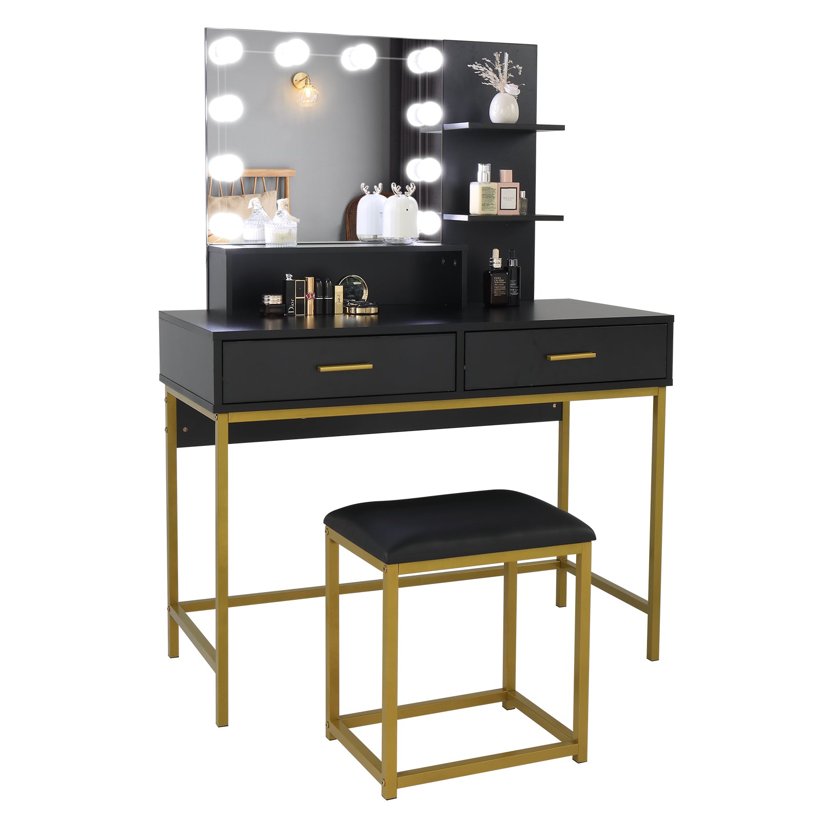 Black, Particleboard, Steel Frame, Two-drawer, Three-tier Shelf, Dressing Table Set, Three-tone Light, Light Luxury
