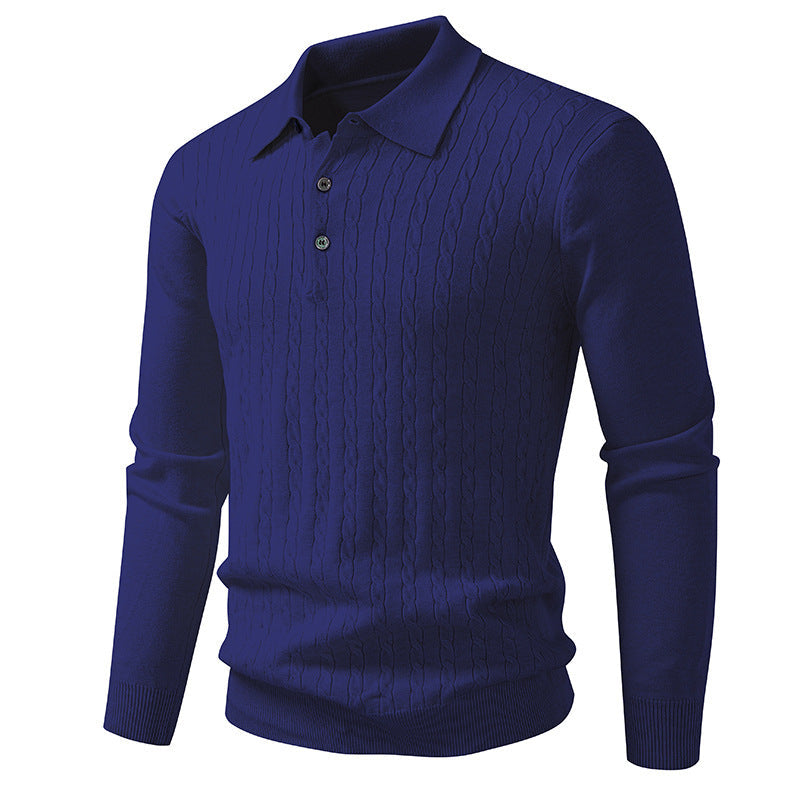 Twisted Flower Cardigan Solid Color Polo Collar Knitted Sweater Men
