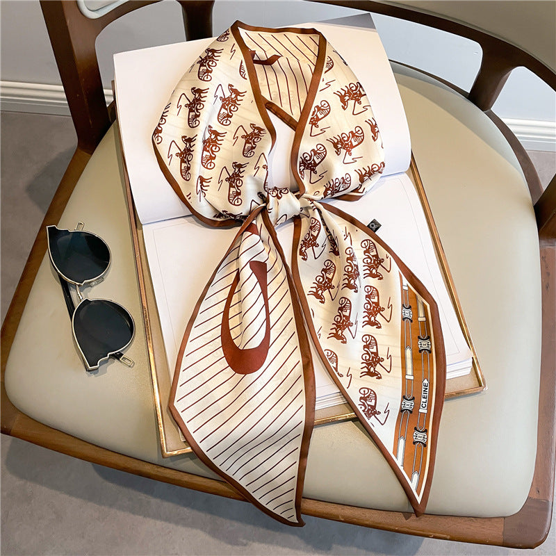 Thin Narrow Long Shirt Scarf Houndstooth Design Double Layer Imitated Silk Scarves Women's Hair Tie